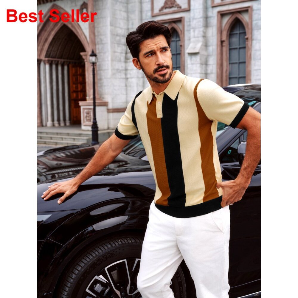 Vintage Striped Knit Polo Shirt Short Sleeve Casual Golf Summer - Picture 7 of 7